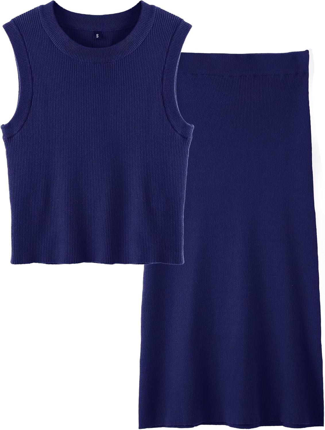 imageArachampCloz Womens Non See Through 2 Piece Sets Tank Top and Midi Skirt Knit OutfitsNavy