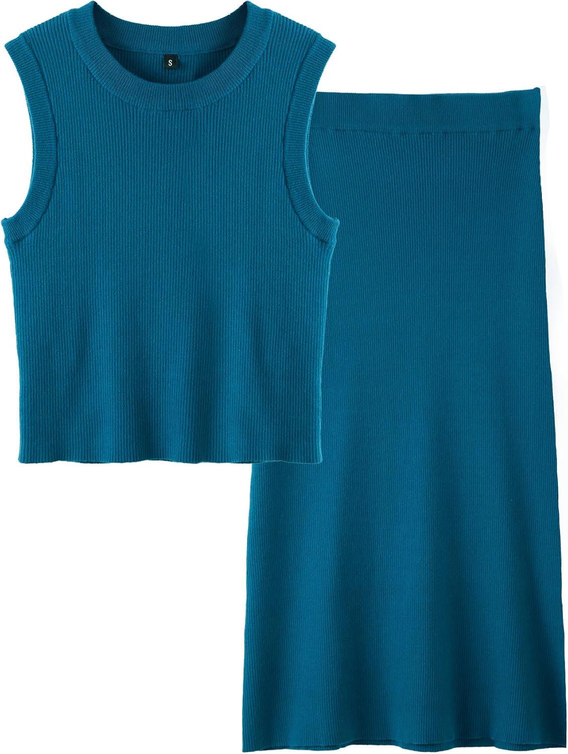 imageArachampCloz Womens Non See Through 2 Piece Sets Tank Top and Midi Skirt Knit OutfitsPeacock Blue