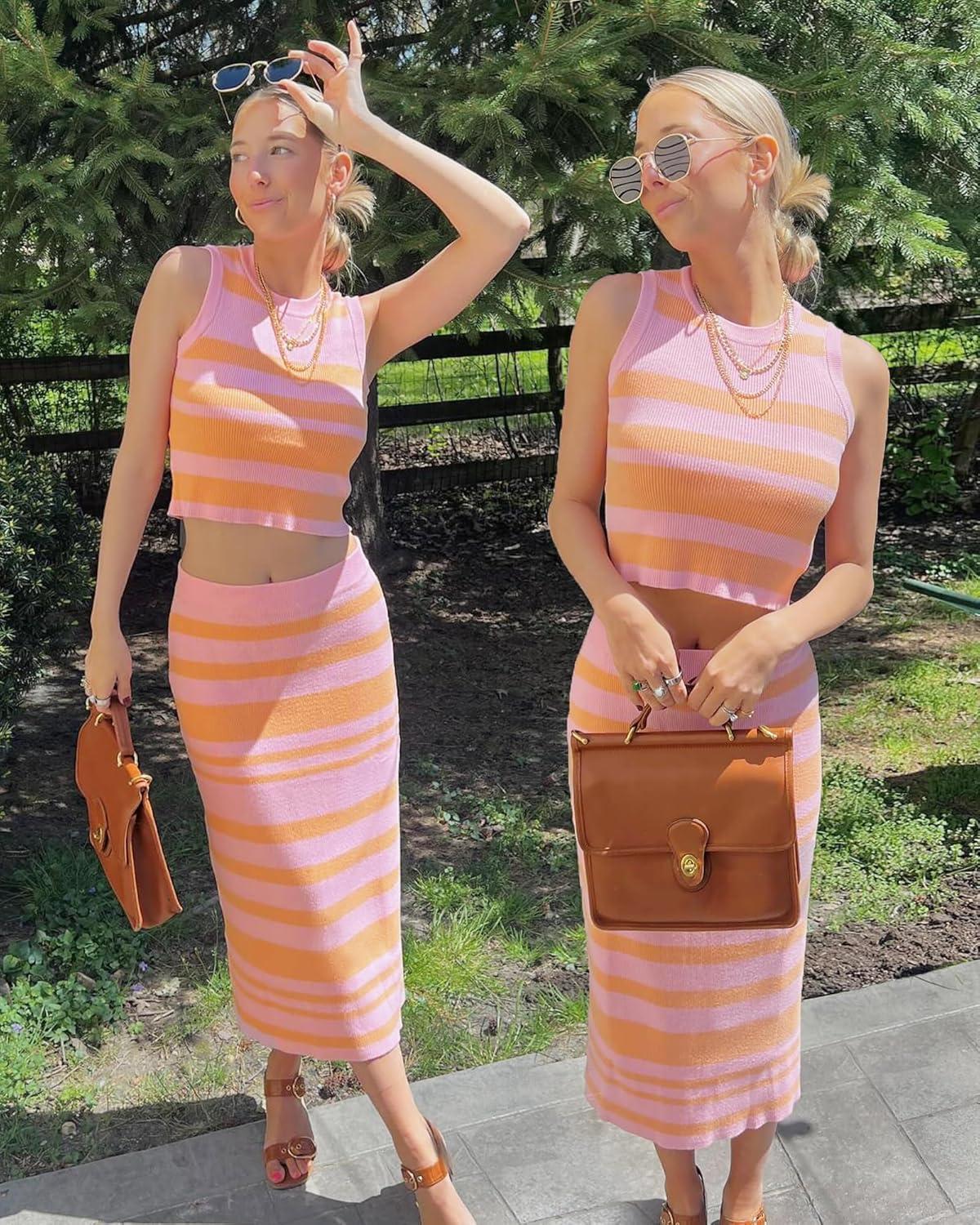 imageArachampCloz Womens Non See Through 2 Piece Sets Tank Top and Midi Skirt Knit OutfitsPinkorange