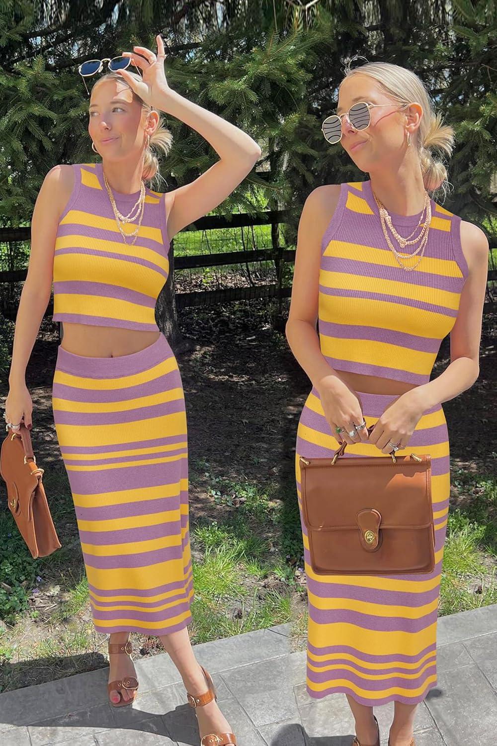 imageArachampCloz Womens Non See Through 2 Piece Sets Tank Top and Midi Skirt Knit OutfitsPurpleyellow