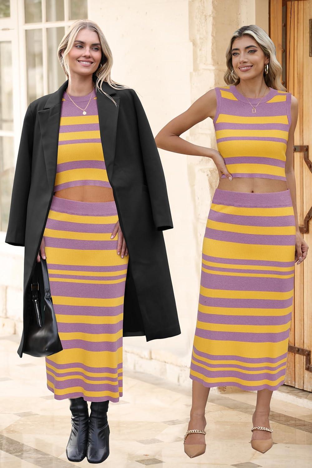 imageArachampCloz Womens Non See Through 2 Piece Sets Tank Top and Midi Skirt Knit OutfitsPurpleyellow
