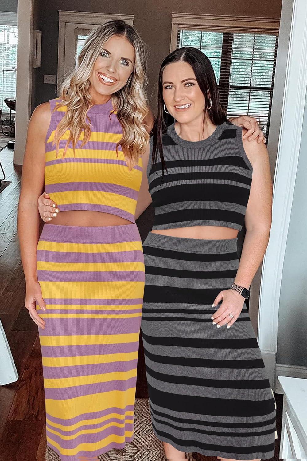 imageArachampCloz Womens Non See Through 2 Piece Sets Tank Top and Midi Skirt Knit OutfitsPurpleyellow