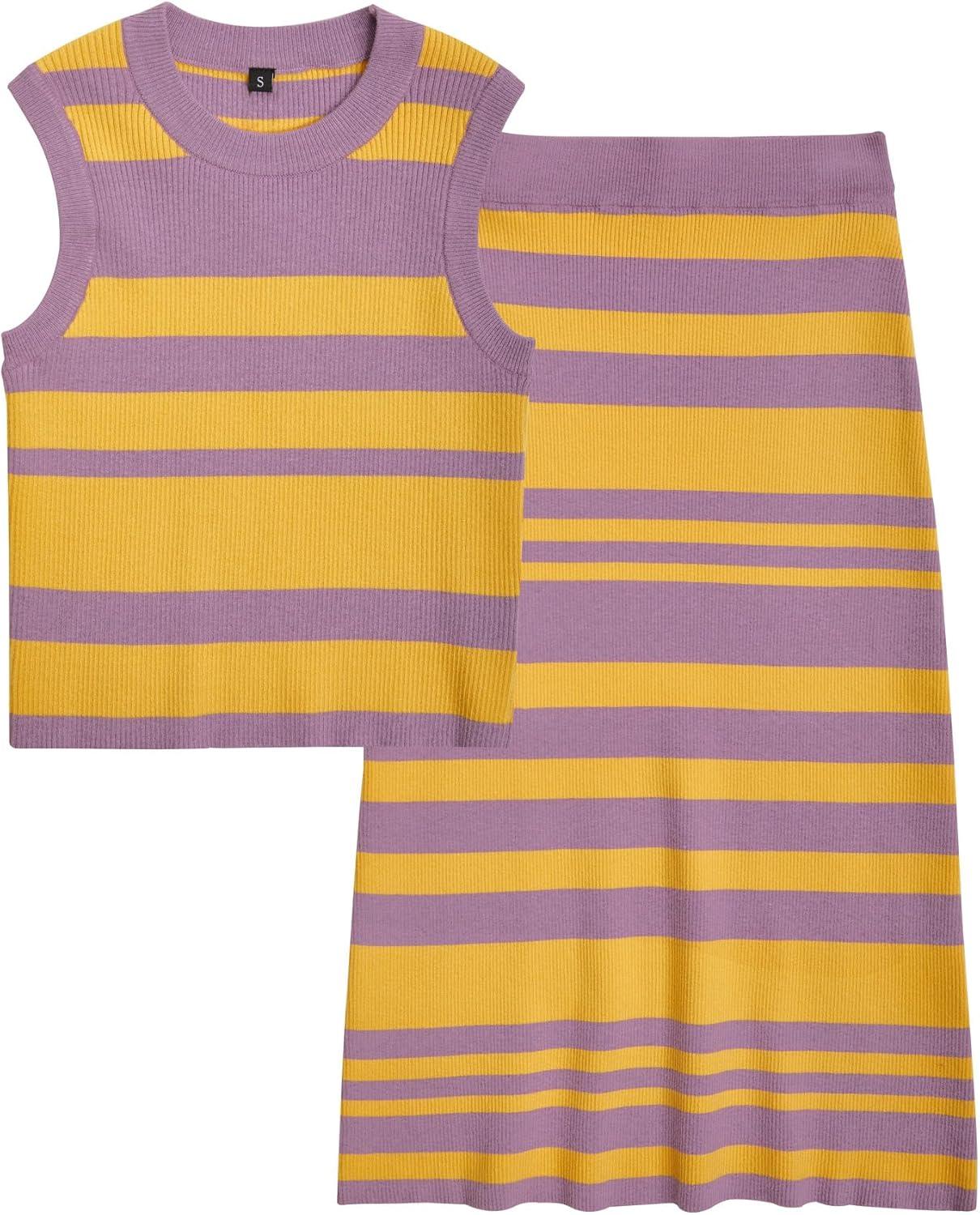 imageArachampCloz Womens Non See Through 2 Piece Sets Tank Top and Midi Skirt Knit OutfitsPurpleyellow