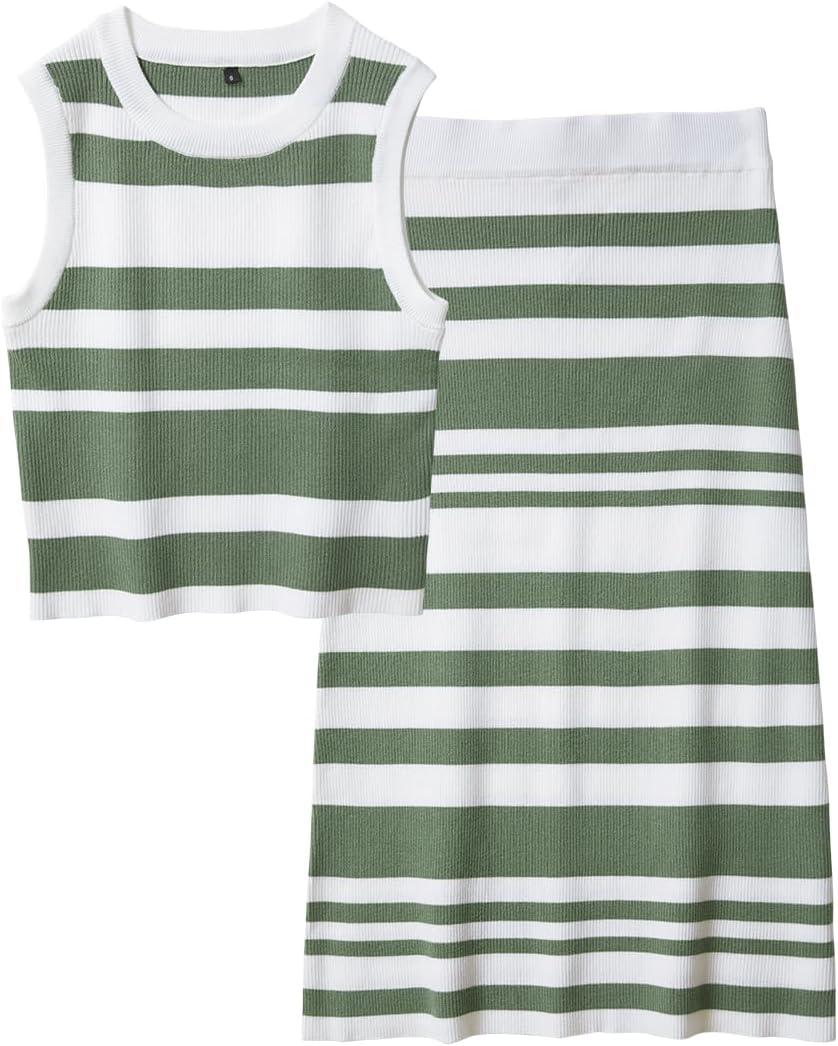 imageArachampCloz Womens Non See Through 2 Piece Sets Tank Top and Midi Skirt Knit OutfitsWhitegreen Fresh