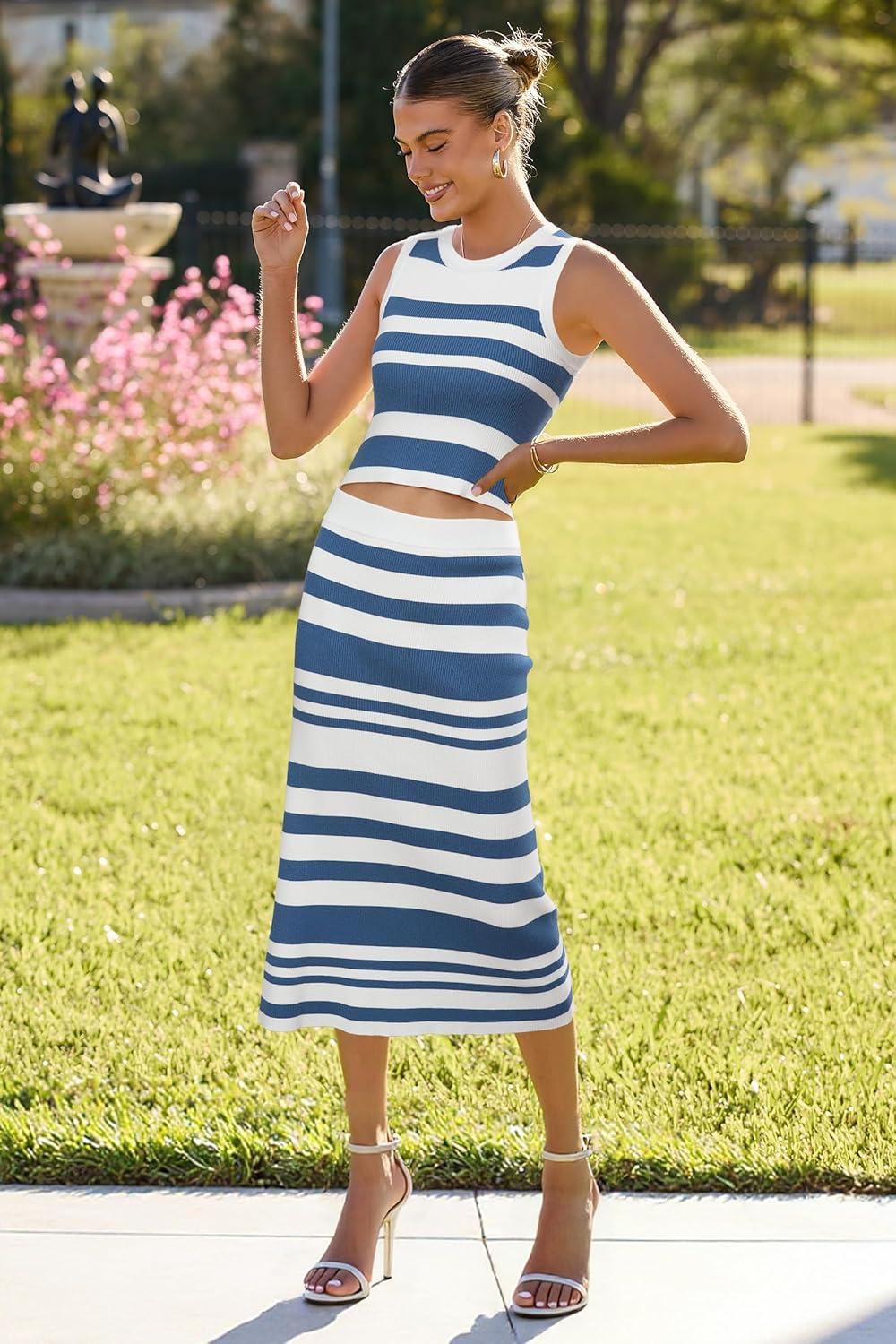 imageArachampCloz Womens Non See Through 2 Piece Sets Tank Top and Midi Skirt Knit OutfitsWhitelake Blue