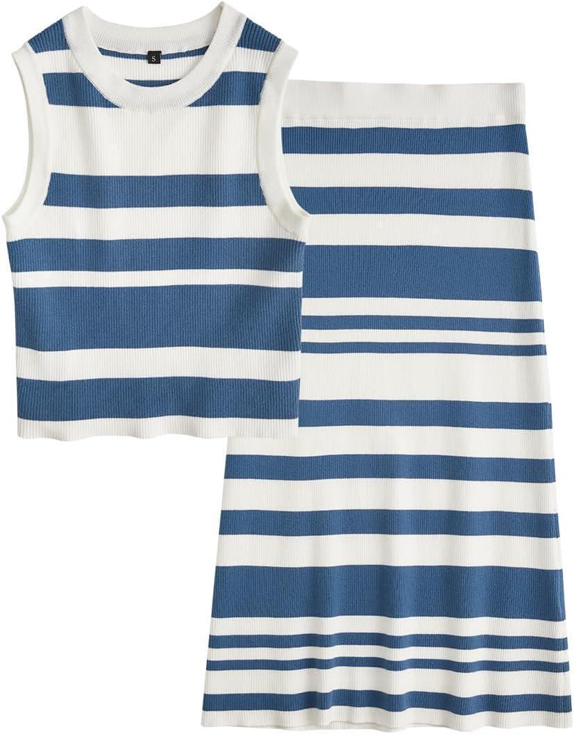 imageArachampCloz Womens Non See Through 2 Piece Sets Tank Top and Midi Skirt Knit OutfitsWhitelake Blue