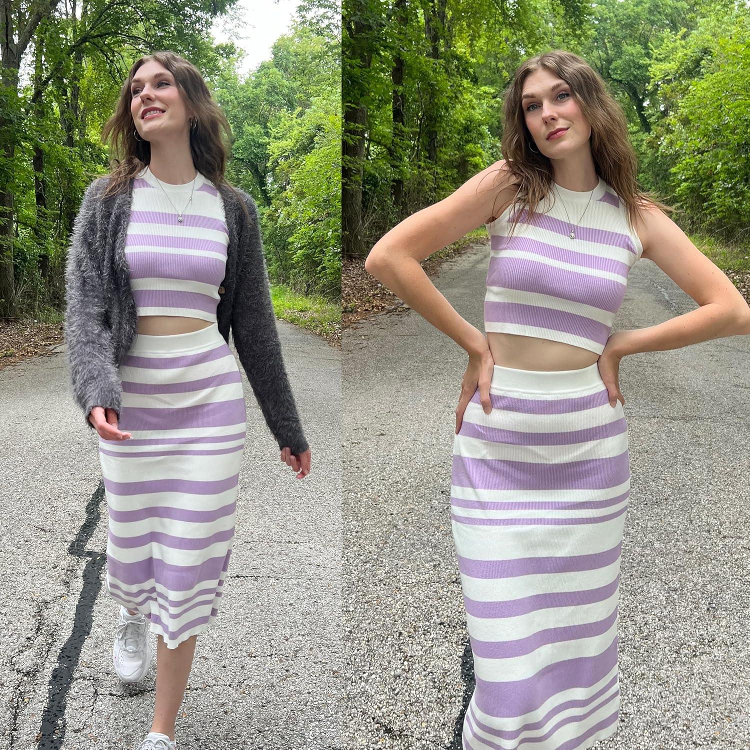 imageArachampCloz Womens Non See Through 2 Piece Sets Tank Top and Midi Skirt Knit OutfitsWhitepurple Stripe