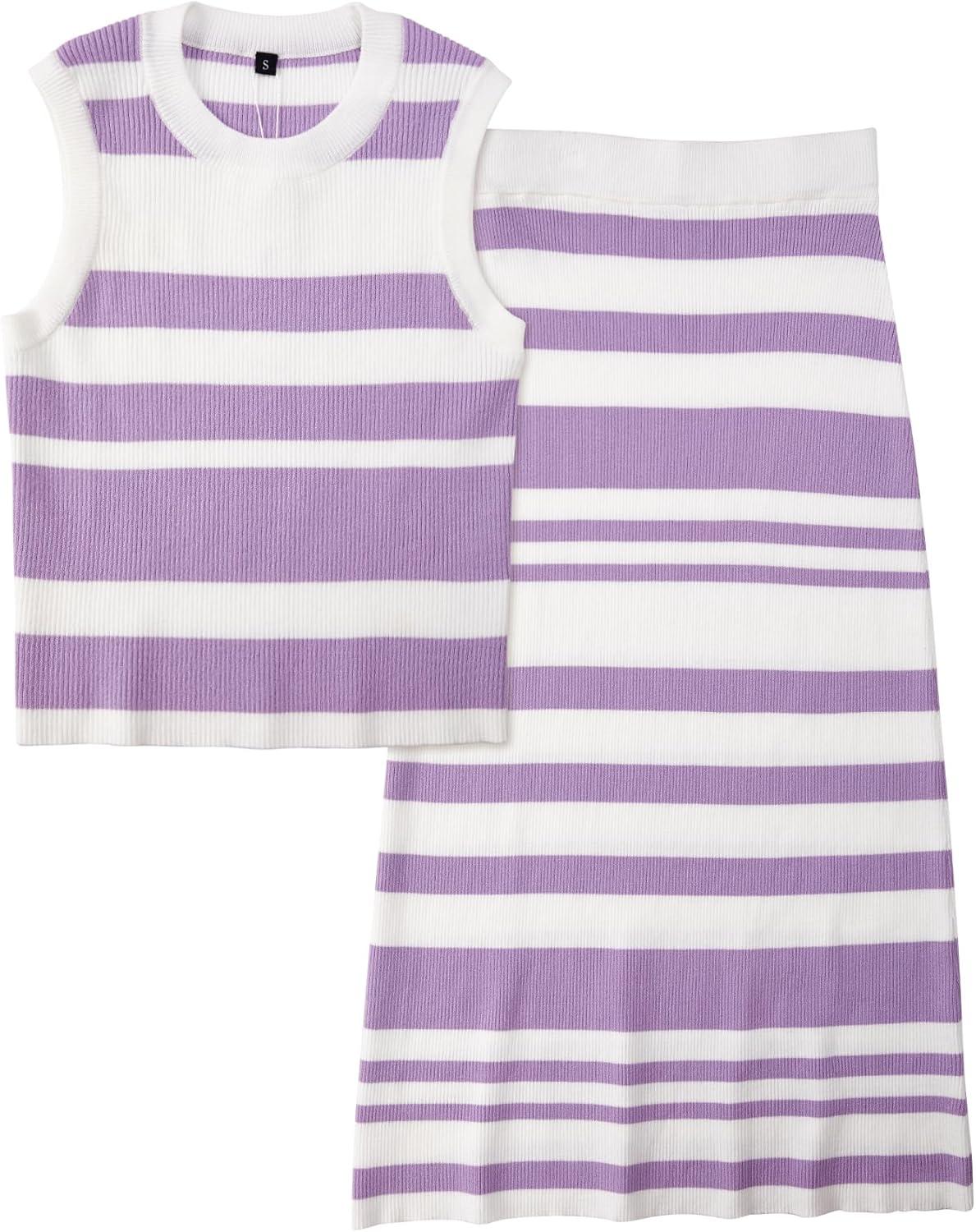 imageArachampCloz Womens Non See Through 2 Piece Sets Tank Top and Midi Skirt Knit OutfitsWhitepurple Stripe
