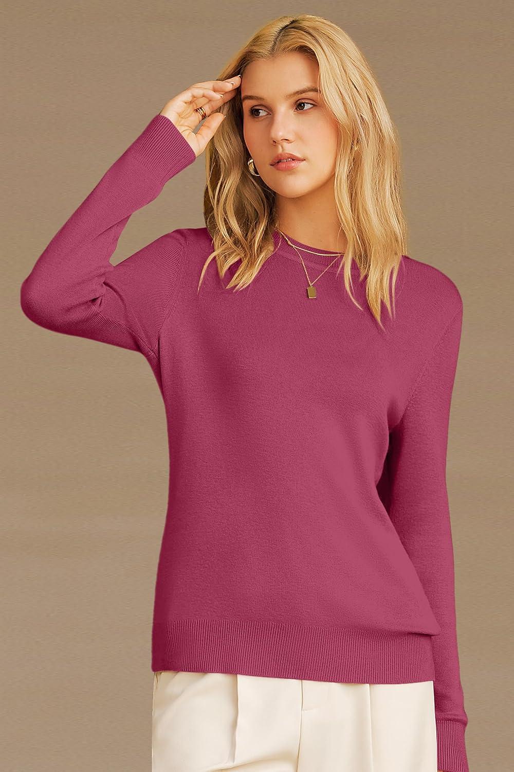 imageArachampCloz Womens Wool Blend Classic Crew Neck Casual Fall SweatersRaspberry Pink