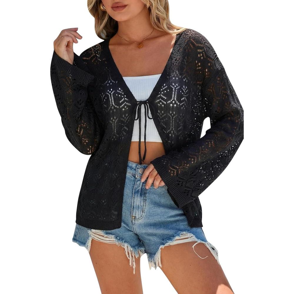 imageArachampCloz Womens Linen Blend Summer Crochet Cardigans Lightweight Lacey Kint Hollow Out Beach Vacation Outfits Trendy 2026Black