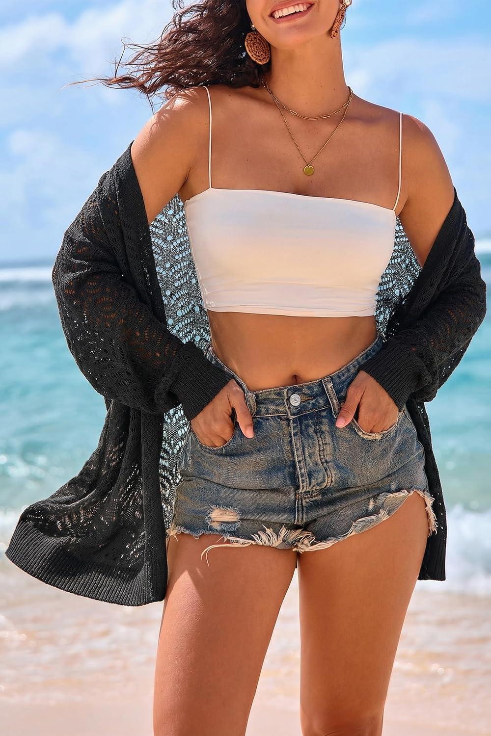 imageArachampCloz Womens Crochet Cover Up Linen Blend Open Front Beach Oversized Kimonos 2026Black