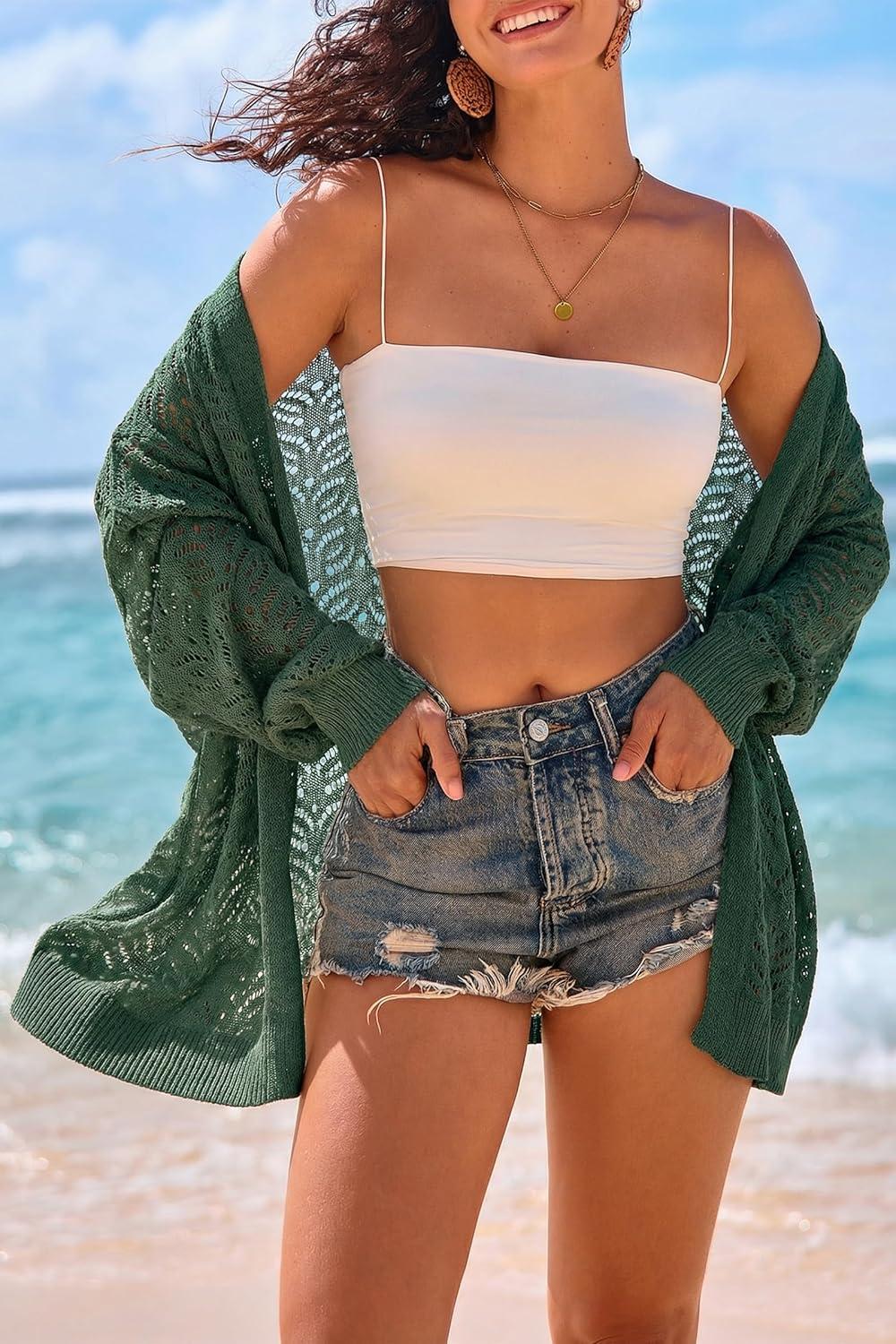 imageArachampCloz Womens Crochet Cover Up Linen Blend Open Front Beach Oversized Kimonos 2026Dark Green