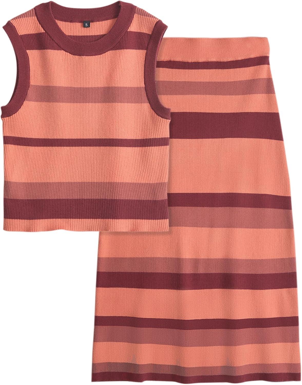 imageArachampCloz Womens Non See Through 2 Piece Sets Tank Top and Midi Skirt Knit OutfitsPinkred Dried Rose