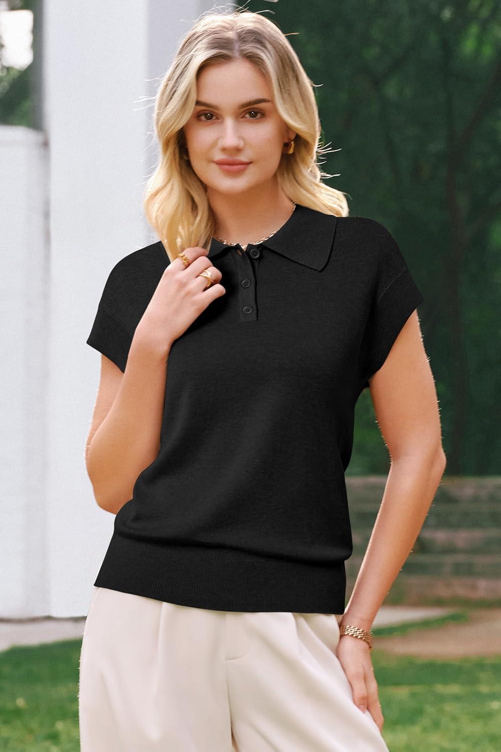 imageArachampCloz Womens Wool Blend Cap Sleeves Business Casual Summer Tops Sweater Vest Polo Shirts 2026Black