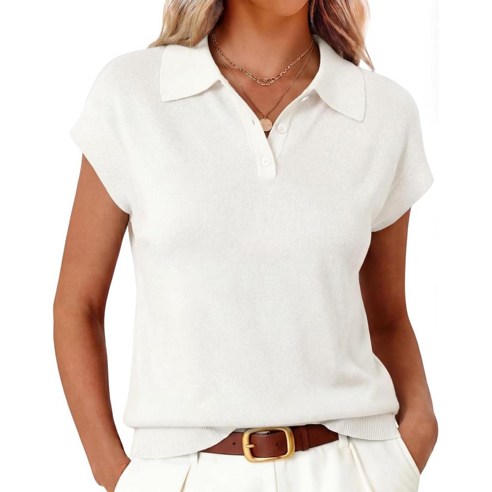 imageArachampCloz Womens Wool Blend Cap Sleeves Business Casual Summer Tops Sweater Vest Polo Shirts 2026Offwhite