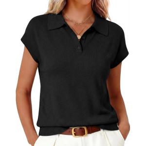 Arach&Cloz Women’s Wool Blend Cap Sleeves Business Casual Summer Tops Sweater Vest Polo Shirts 2026(Black)