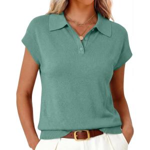 Arach&Cloz Women’s Wool Blend Cap Sleeves Business Casual Summer Tops Sweater Vest Polo Shirts 2026(Sage Green)
