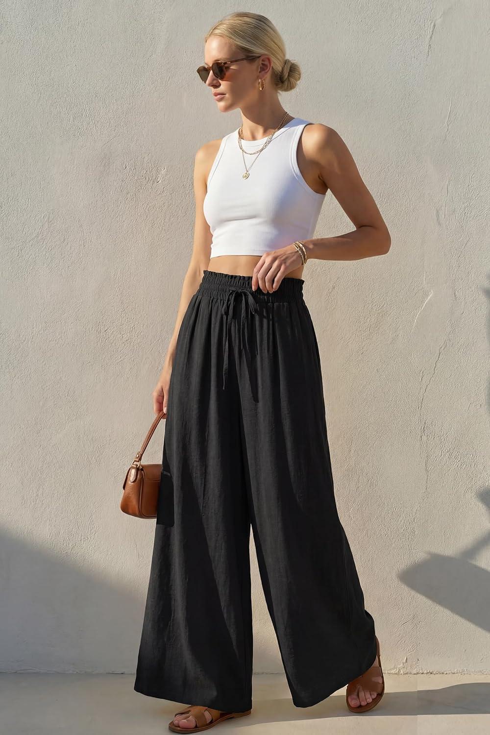 imageArachampCloz Spring Womens Linen Blend High Waisted Flowy Wide Leg Casual PantsBlack