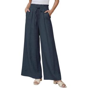 Arach&Cloz Spring Women’s Linen Blend High Waisted Flowy Wide Leg Casual Pants(Dark Blue)