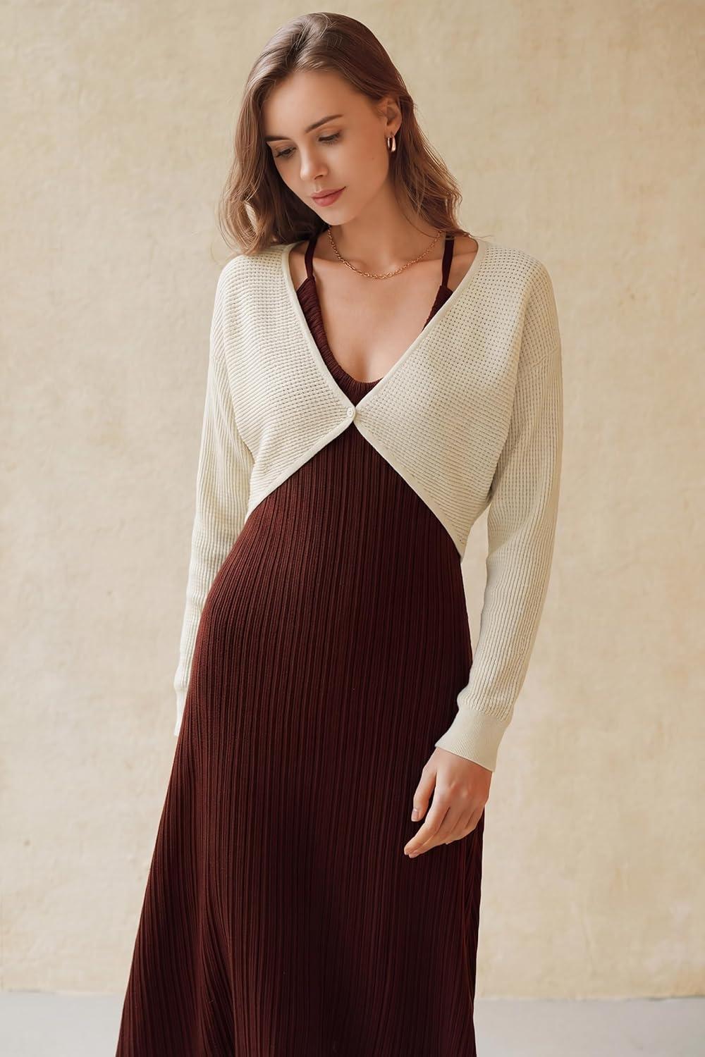imageArachampCloz Womens 100 Cotton Bolero Shrug V Neck Cropped Cardigan Knit SweatersApricot