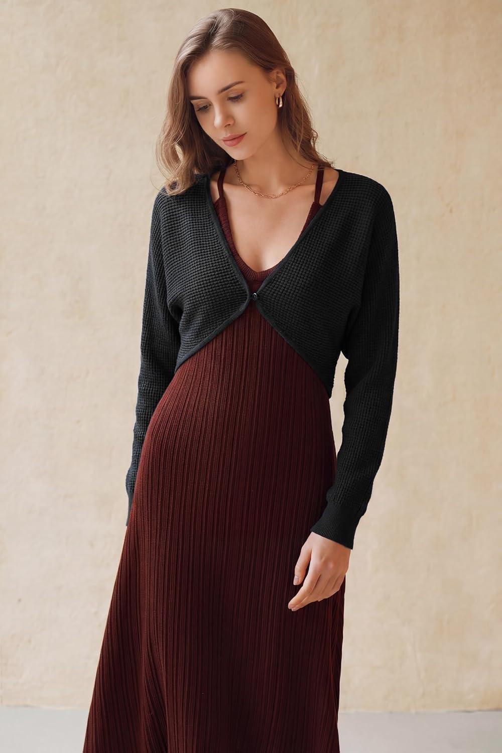 imageArachampCloz Womens 100 Cotton Bolero Shrug V Neck Cropped Cardigan Knit SweatersBlack