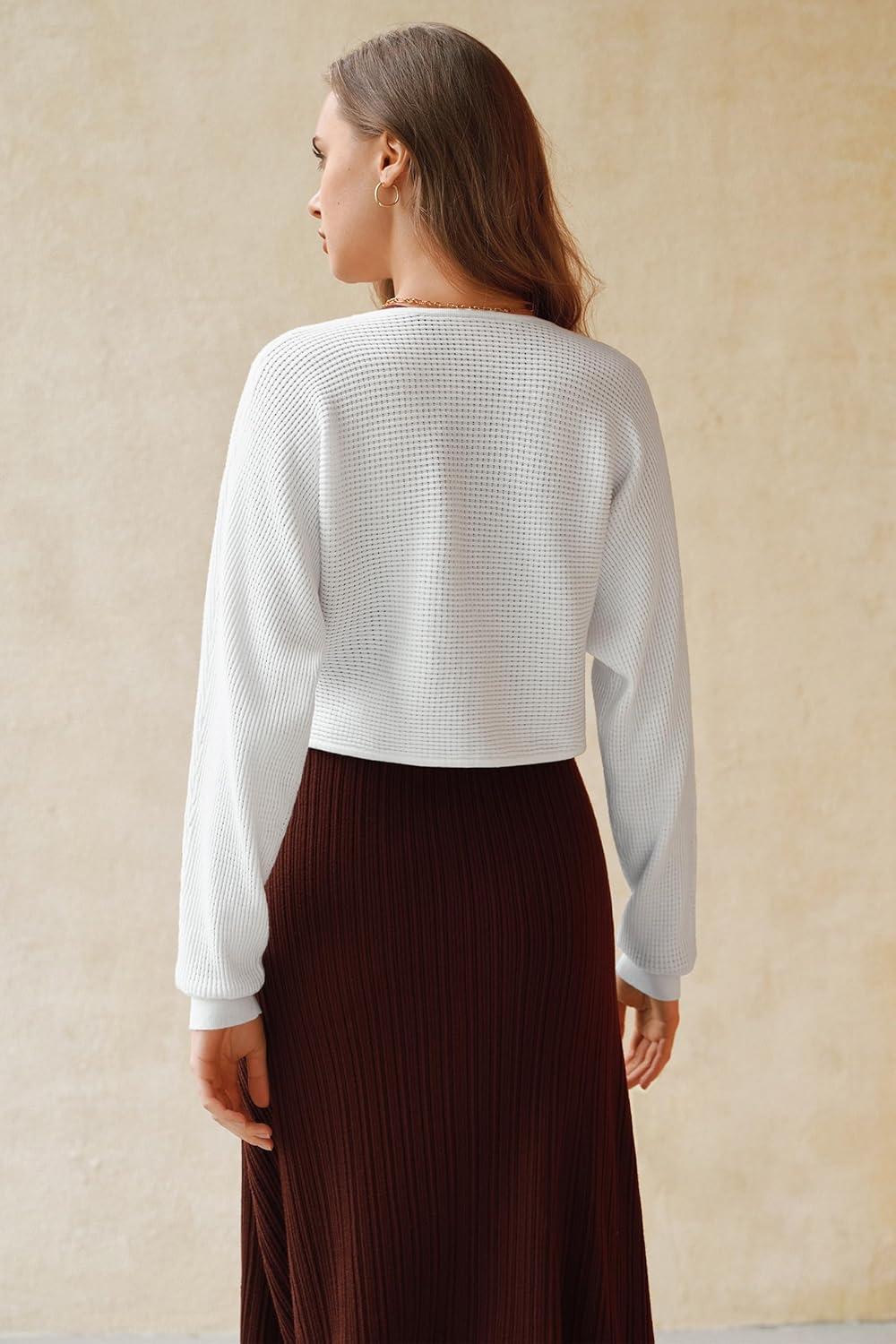 imageArachampCloz Womens 100 Cotton Bolero Shrug V Neck Cropped Cardigan Knit SweatersWhite