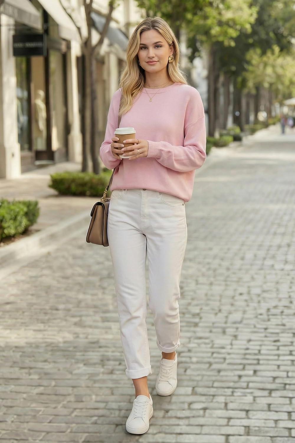 imageArachampCloz Womens 100 Cotton Sweaters Spring Summer Casual Relaxed Fit Cozy Sweatshirt Tops 2026Light Pink