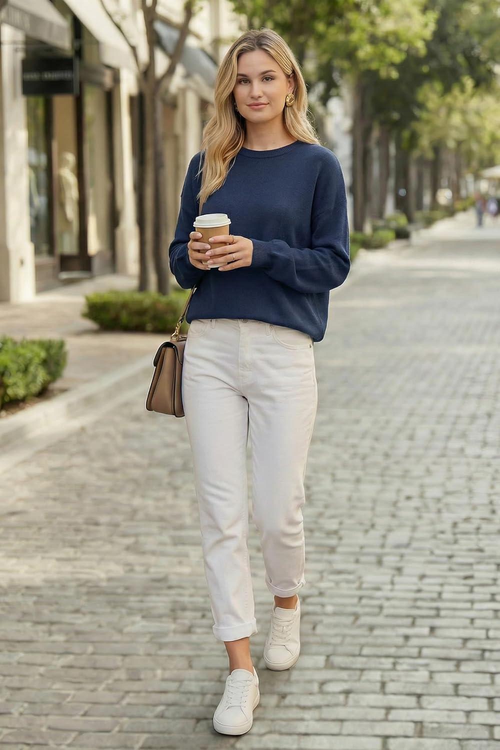 imageArachampCloz Womens 100 Cotton Sweaters Spring Summer Casual Relaxed Fit Cozy Sweatshirt Tops 2026Navy