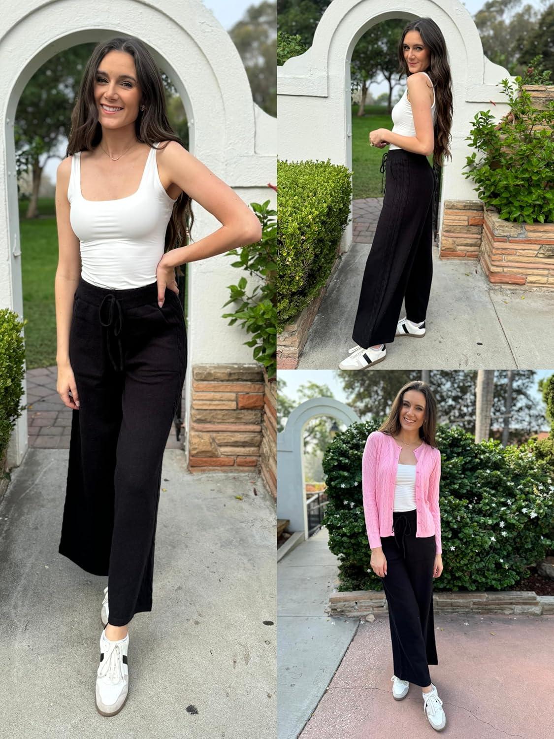 imageArachampCloz Womens 2025 Spring Sweater Pants Wide Leg Elastic High Waist Cute Casual Flowy Lounge Winter Knit Trousers PocketsBlack