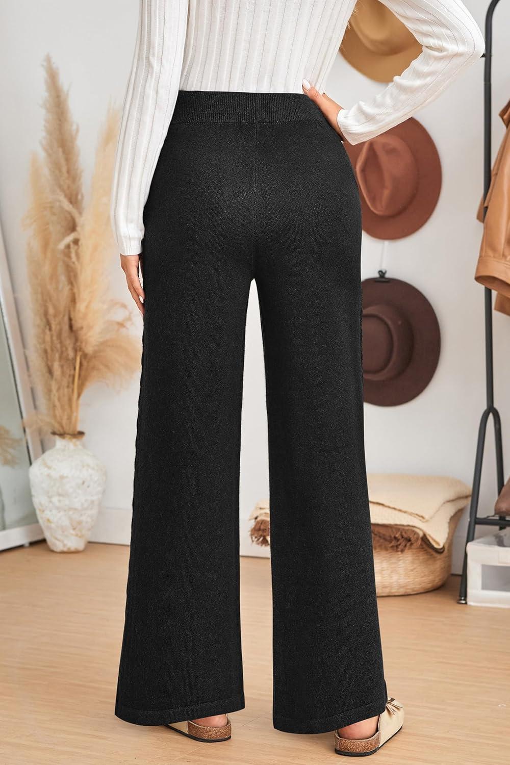 imageArachampCloz Womens 2025 Spring Sweater Pants Wide Leg Elastic High Waist Cute Casual Flowy Lounge Winter Knit Trousers PocketsBlack
