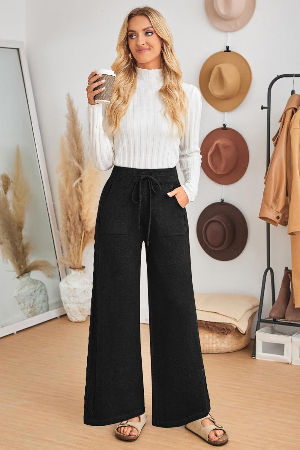 imageArachampCloz Womens 2025 Spring Sweater Pants Wide Leg Elastic High Waist Cute Casual Flowy Lounge Winter Knit Trousers PocketsBlack