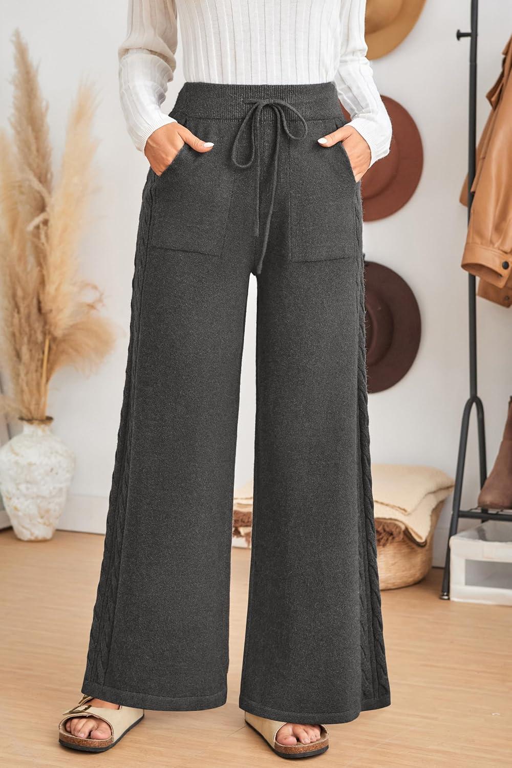 imageArachampCloz Womens 2025 Spring Sweater Pants Wide Leg Elastic High Waist Cute Casual Flowy Lounge Winter Knit Trousers PocketsDark Grey