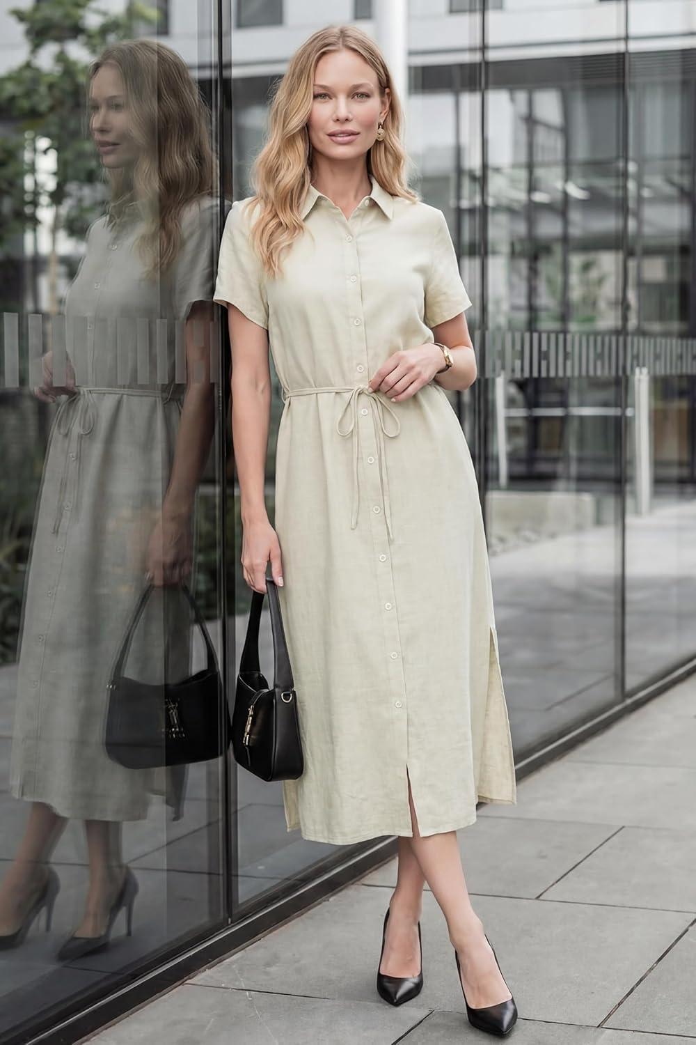 imageArachampCloz Womens Linen with Pockets Midi Summer Spring Shirt Dress 2026Beige