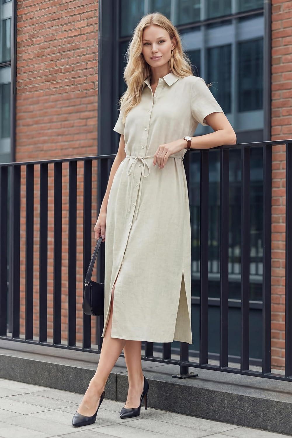 imageArachampCloz Womens Linen with Pockets Midi Summer Spring Shirt Dress 2026Beige
