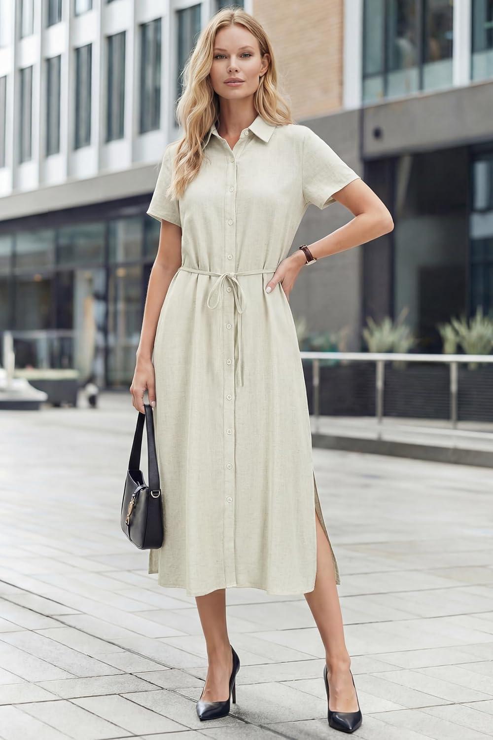 imageArachampCloz Womens Linen with Pockets Midi Summer Spring Shirt Dress 2026Beige