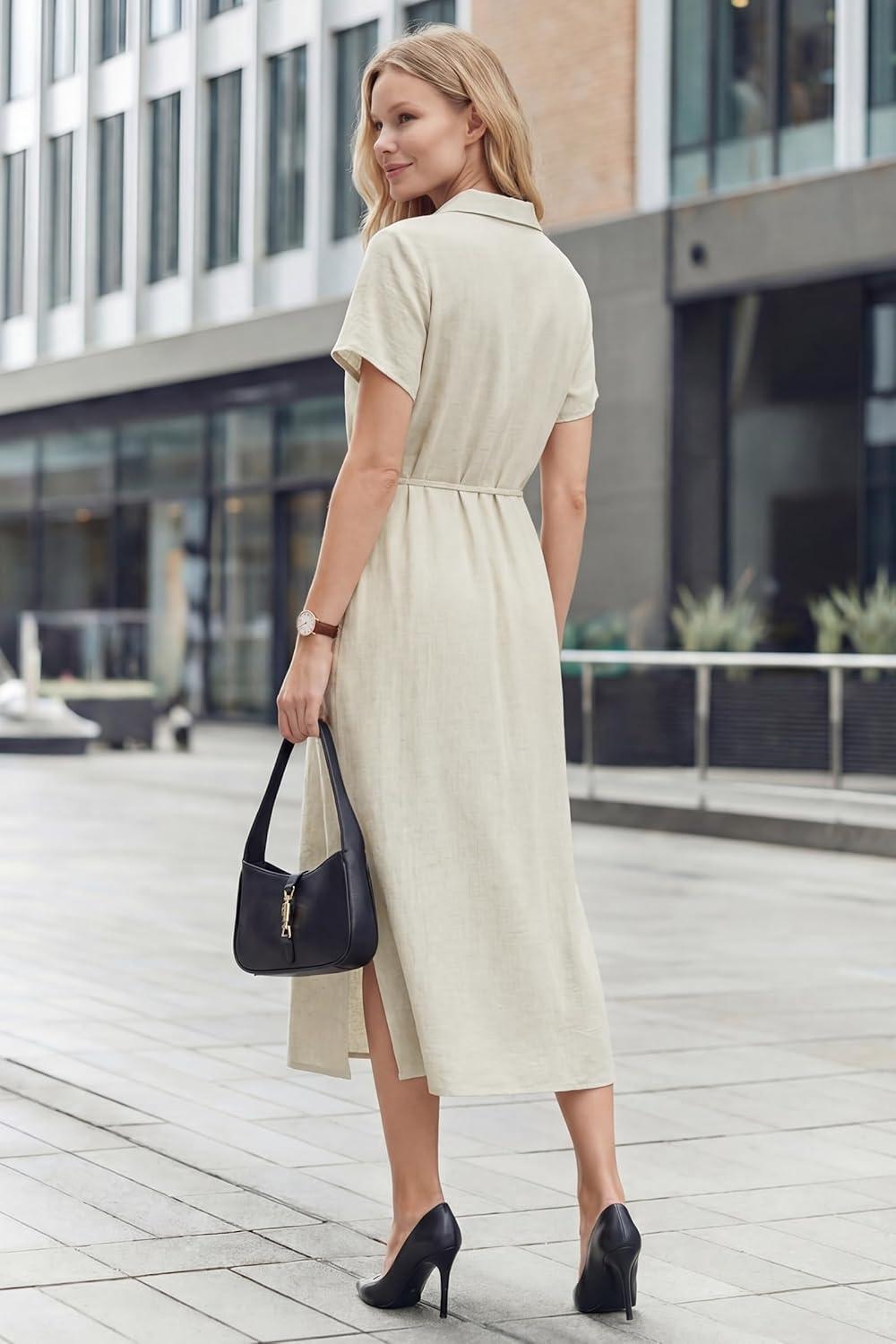 imageArachampCloz Womens Linen with Pockets Midi Summer Spring Shirt Dress 2026Beige