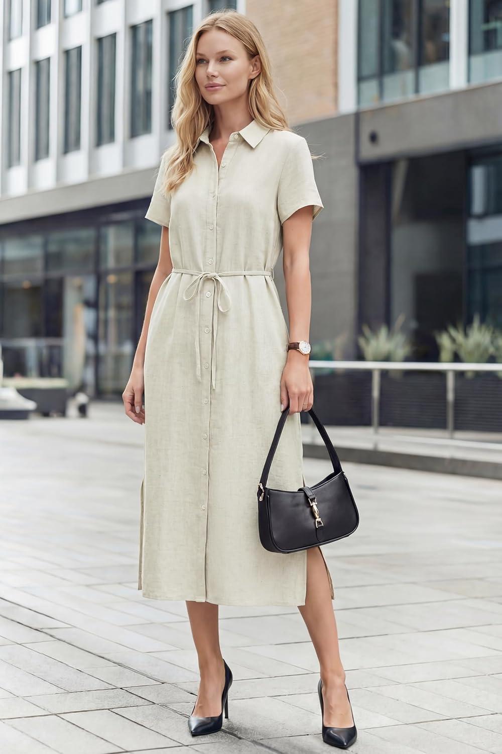 imageArachampCloz Womens Linen with Pockets Midi Summer Spring Shirt Dress 2026Beige