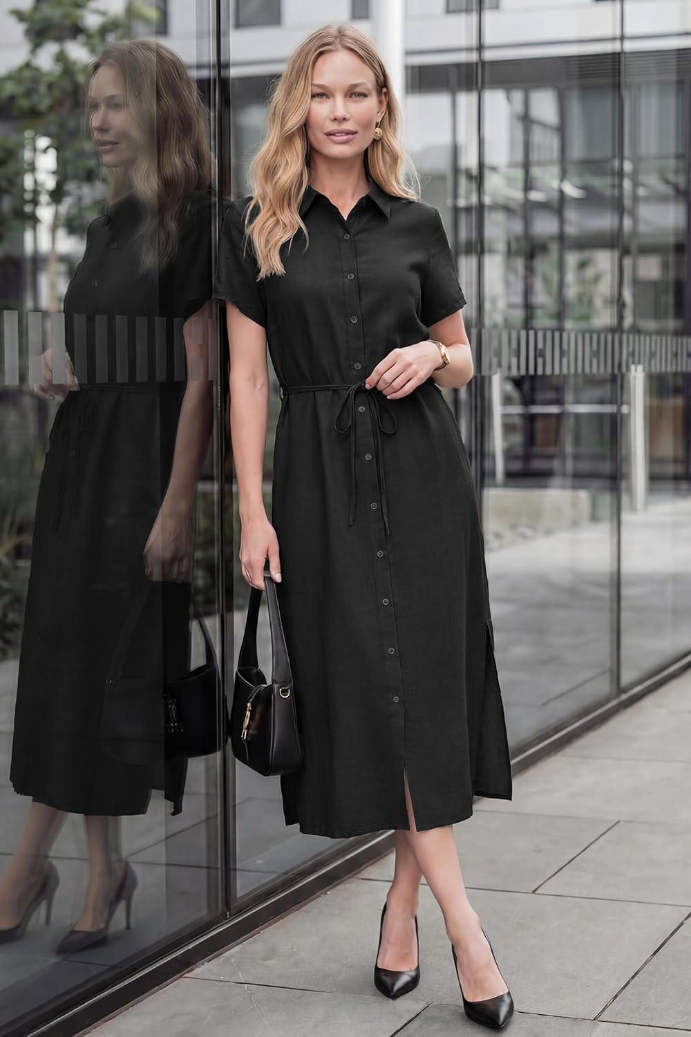 imageArachampCloz Womens Linen with Pockets Midi Summer Spring Shirt Dress 2026Black