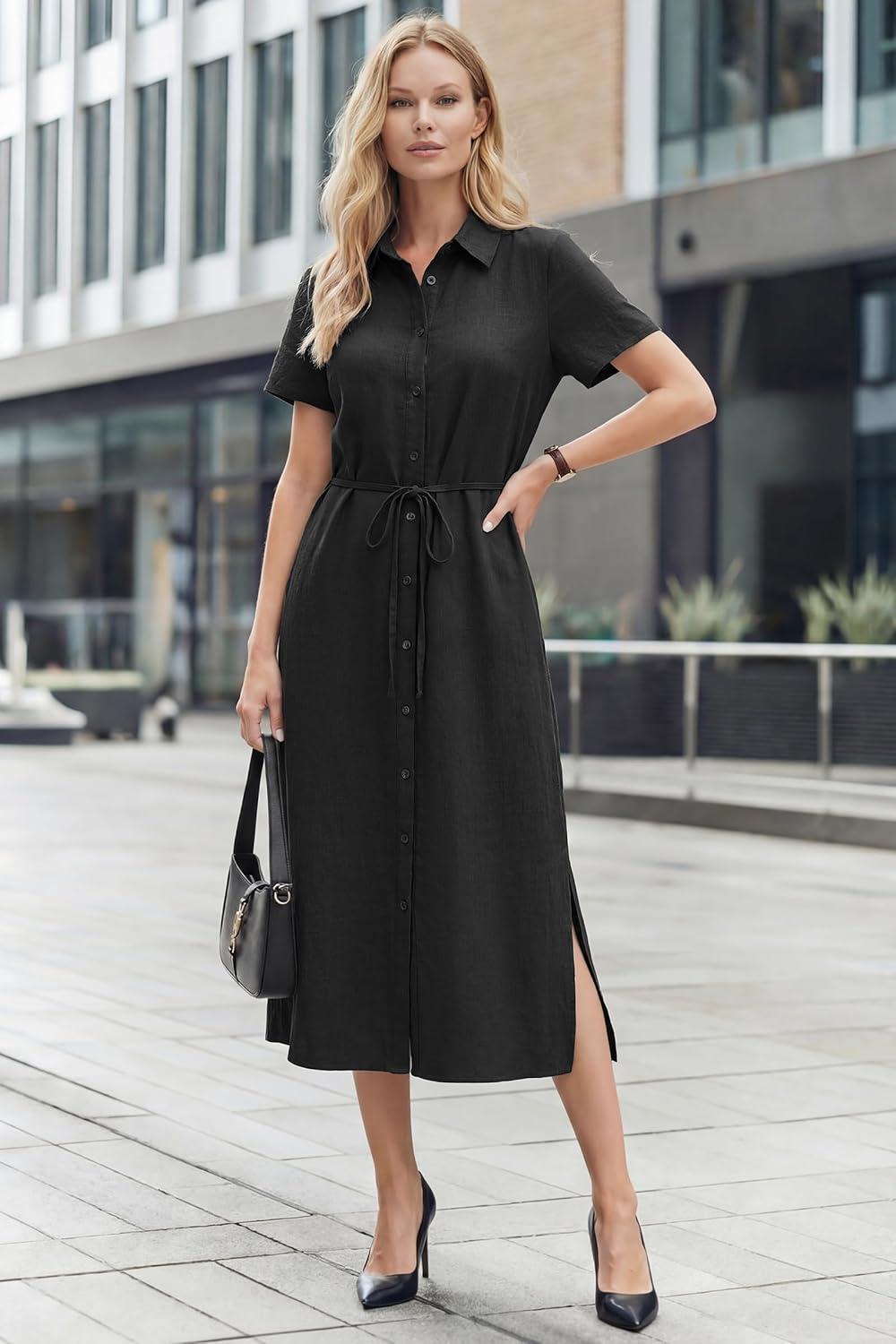 imageArachampCloz Womens Linen with Pockets Midi Summer Spring Shirt Dress 2026Black