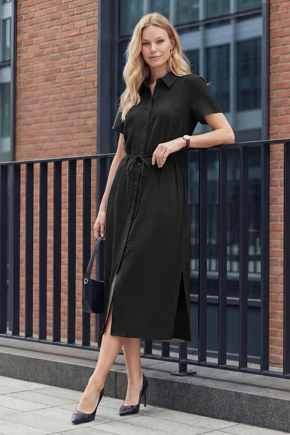 imageArachampCloz Womens Linen with Pockets Midi Summer Spring Shirt Dress 2026Black