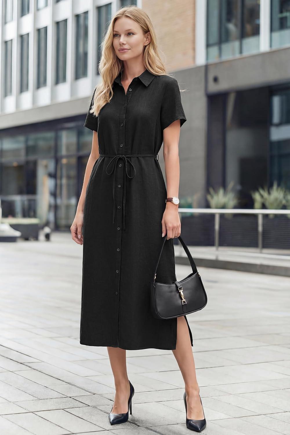 imageArachampCloz Womens Linen with Pockets Midi Summer Spring Shirt Dress 2026Black