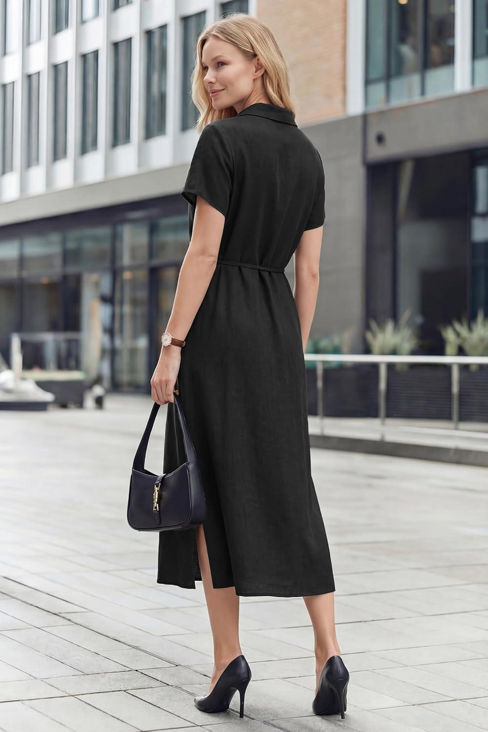imageArachampCloz Womens Linen with Pockets Midi Summer Spring Shirt Dress 2026Black