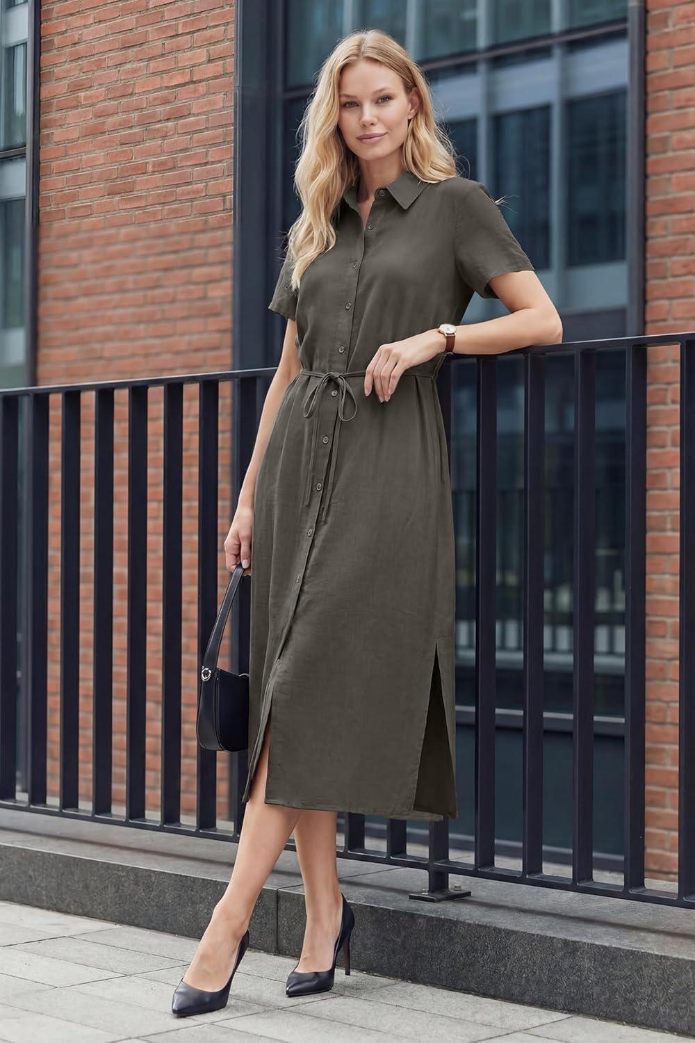 imageArachampCloz Womens Linen with Pockets Midi Summer Spring Shirt Dress 2026Coffee
