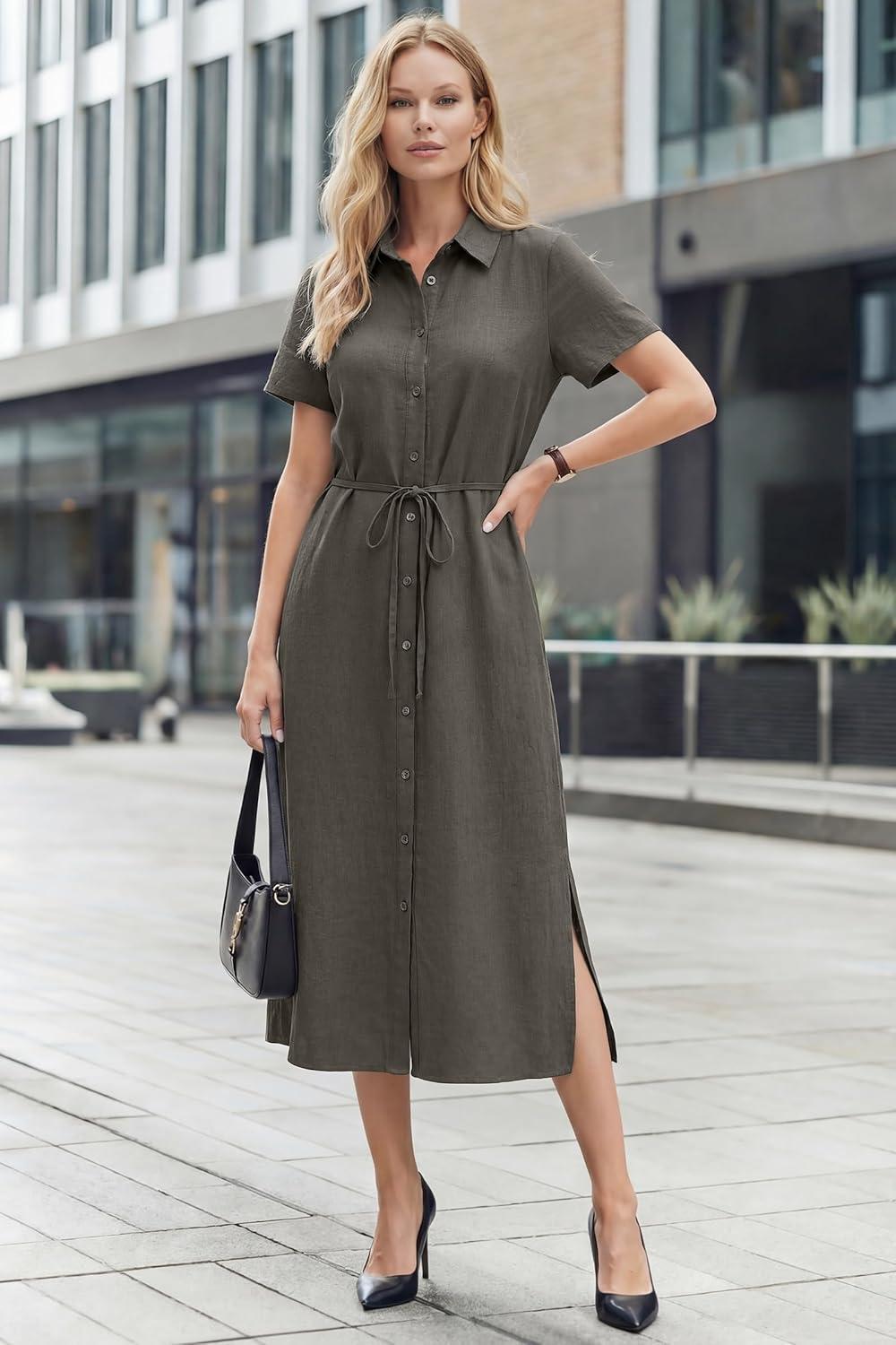 imageArachampCloz Womens Linen with Pockets Midi Summer Spring Shirt Dress 2026Coffee