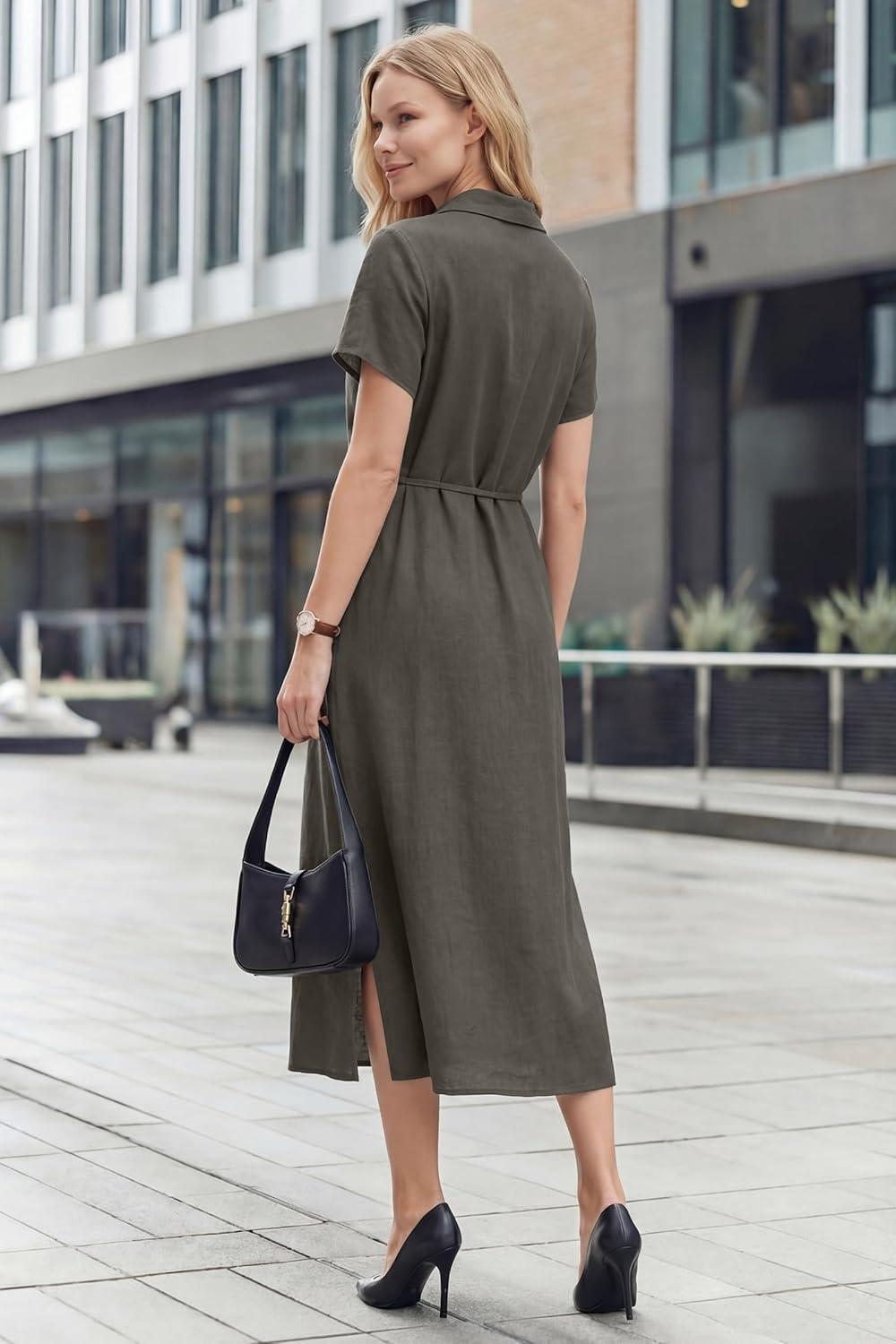 imageArachampCloz Womens Linen with Pockets Midi Summer Spring Shirt Dress 2026Coffee