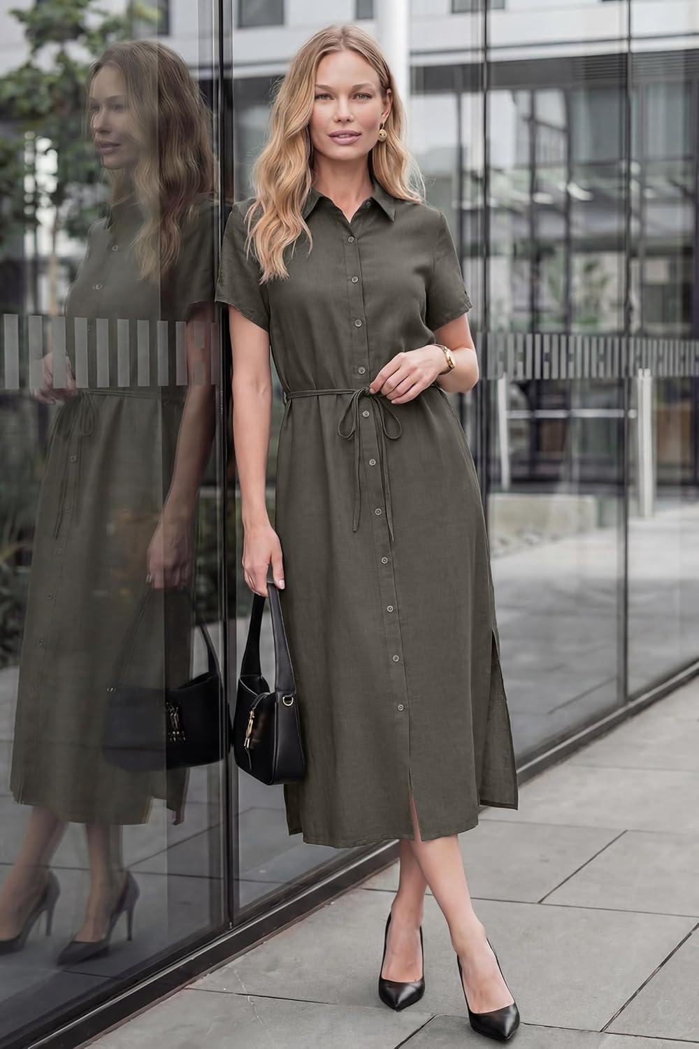 imageArachampCloz Womens Linen with Pockets Midi Summer Spring Shirt Dress 2026Coffee