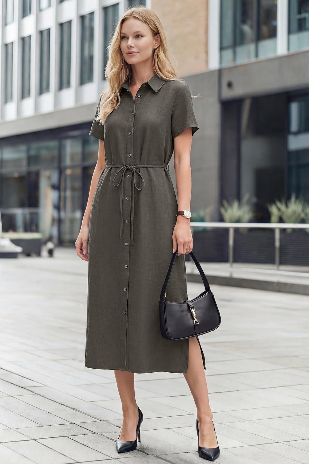 imageArachampCloz Womens Linen with Pockets Midi Summer Spring Shirt Dress 2026Coffee