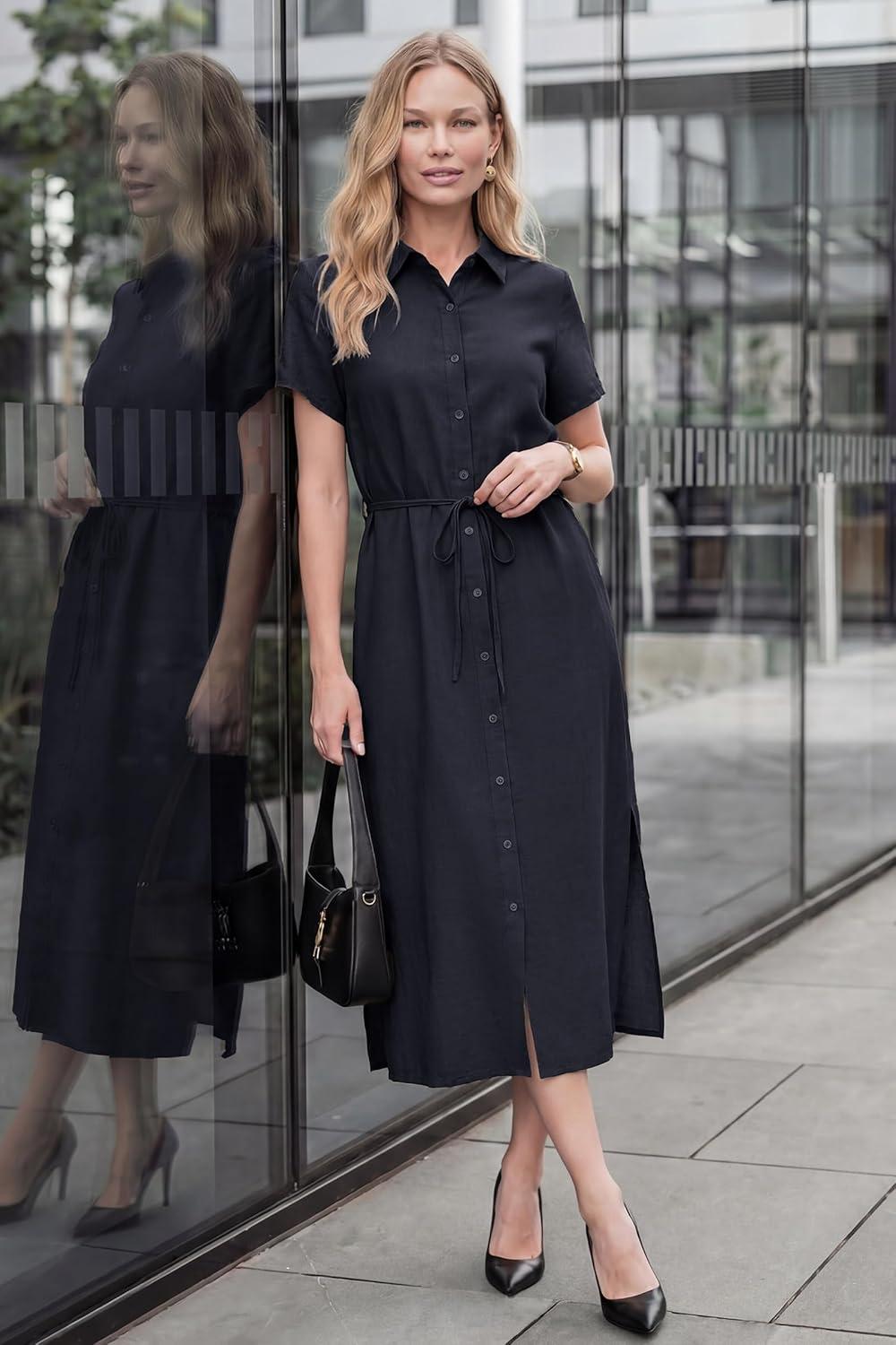 imageArachampCloz Womens Linen with Pockets Midi Summer Spring Shirt Dress 2026Navy