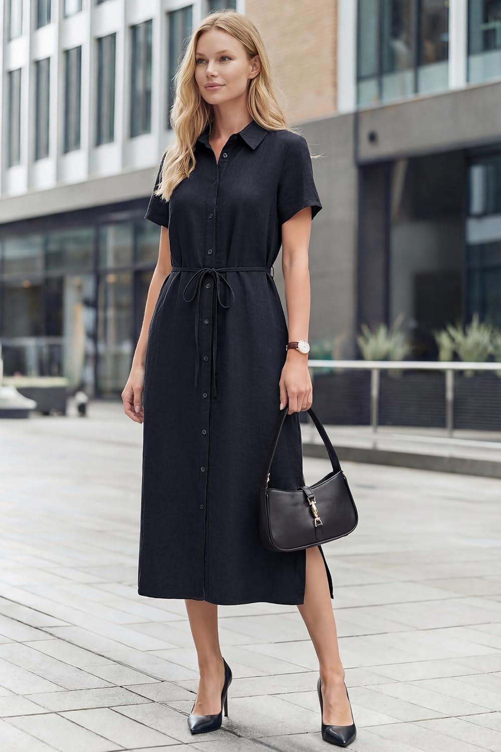 imageArachampCloz Womens Linen with Pockets Midi Summer Spring Shirt Dress 2026Navy