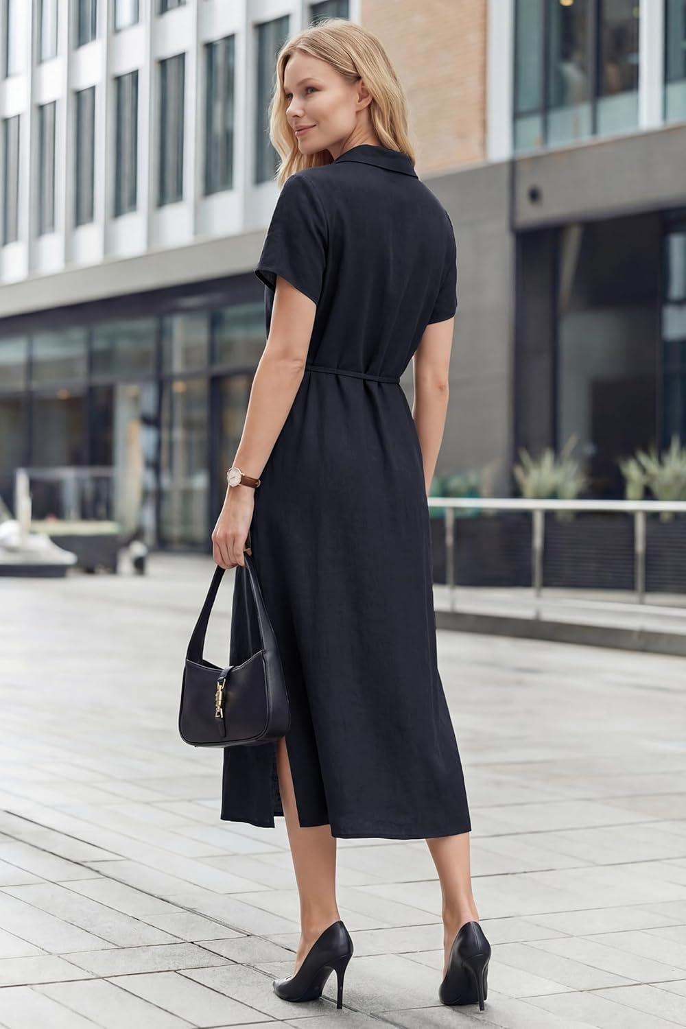 imageArachampCloz Womens Linen with Pockets Midi Summer Spring Shirt Dress 2026Navy